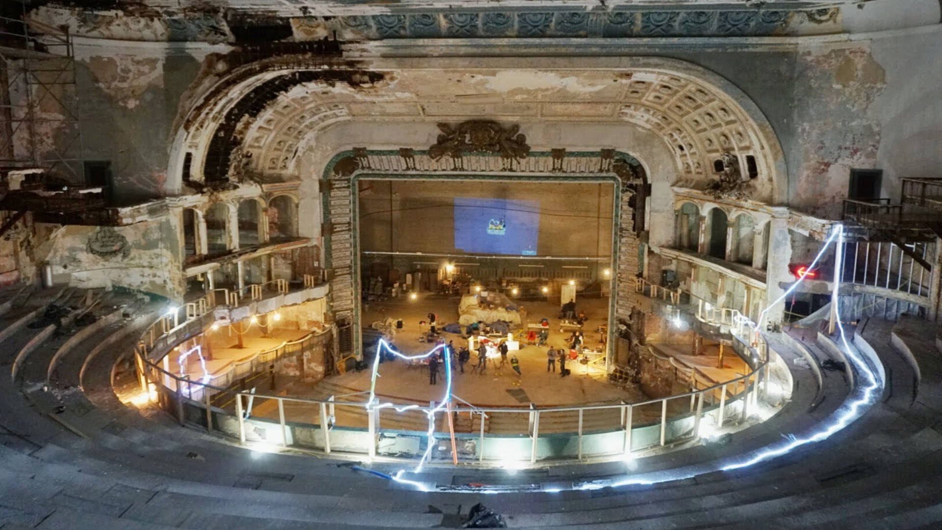 FPV drone racing in an abandoned opera house