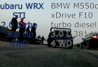 Drag race BMW M550d xDrive F10 vs Subaru Wrx Sti Fpv drone